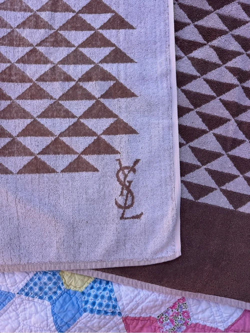 Vintage 1970’s Yves Saint Laurent Brown and Cream Geometric Cotton Towel Set